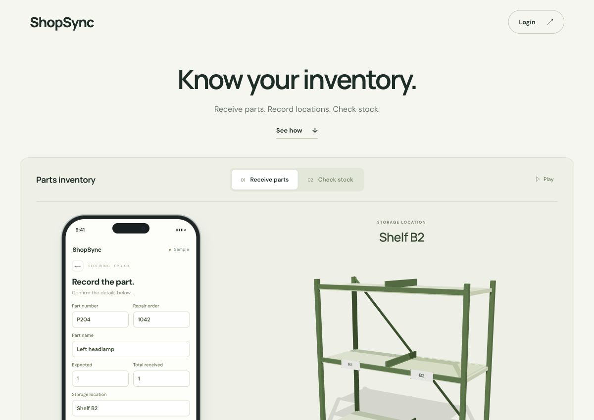 ShopSync’s inventory demo showing a part receiving form and its shelf location