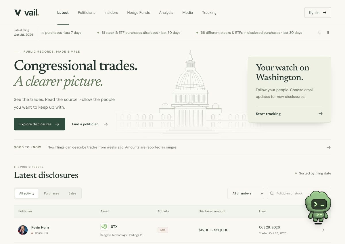 Vail’s live homepage with a disclosure feed and congressional trade search